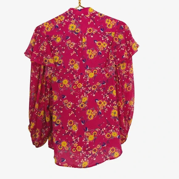 Saloni Chloe Silk Floral Blouse Top Size 4 Pink Button Front Ruffles Feminine - Picture 11 of 14